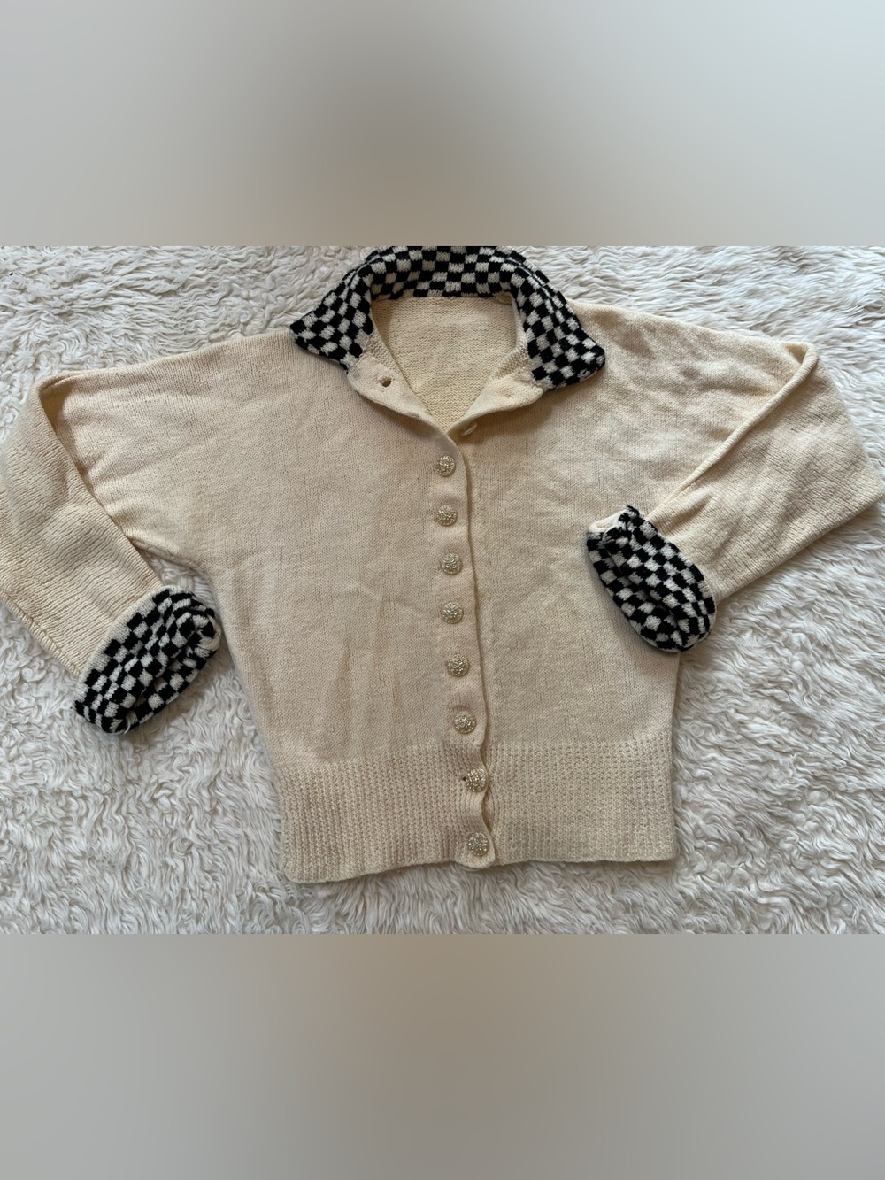 VTg 50s Check Wool? Sweater Size XS Cream